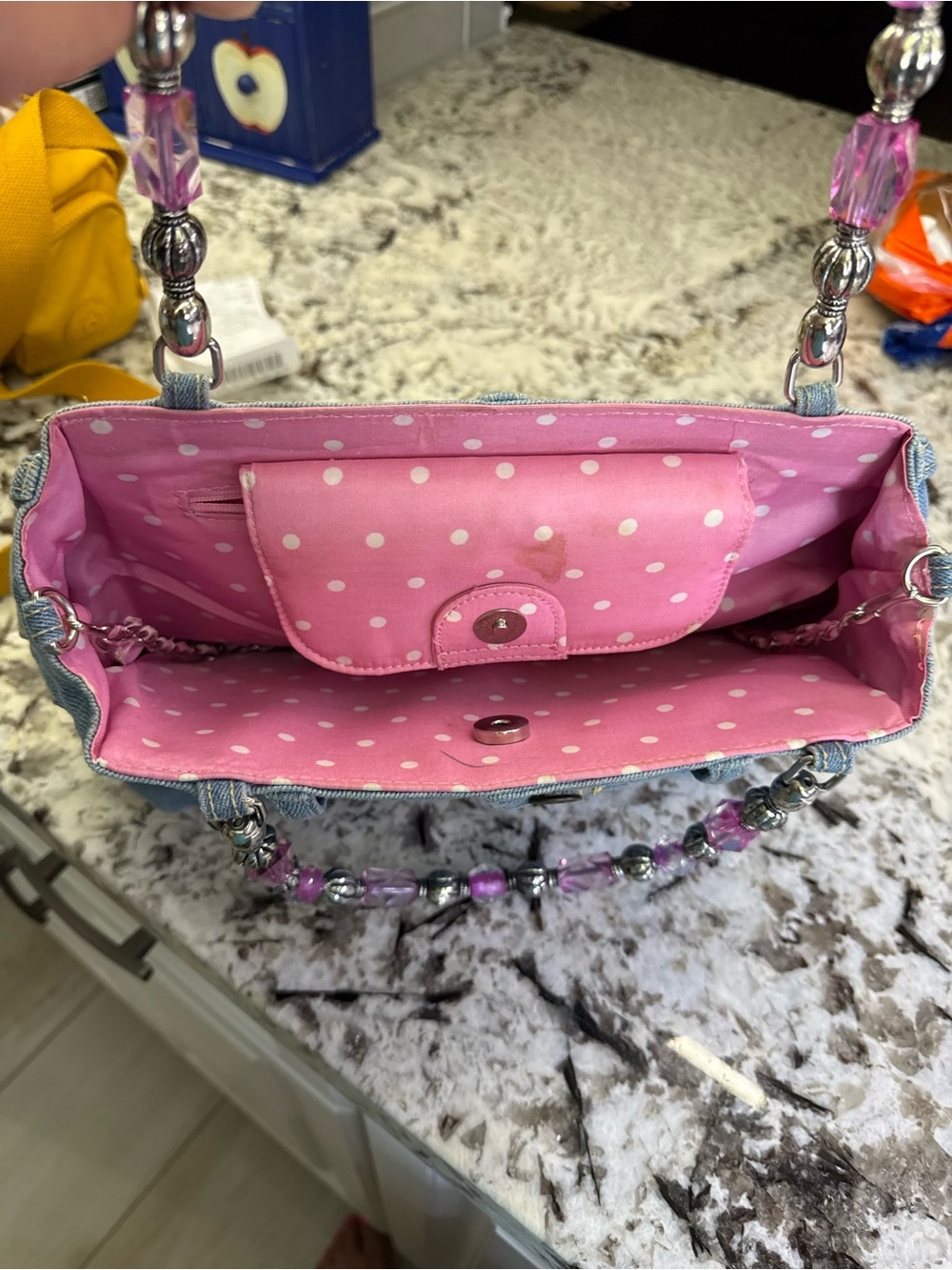 Q2 Denim jean purse with Pink Beaded Handle pink and white polkadot interior. - Picture 3 of 3